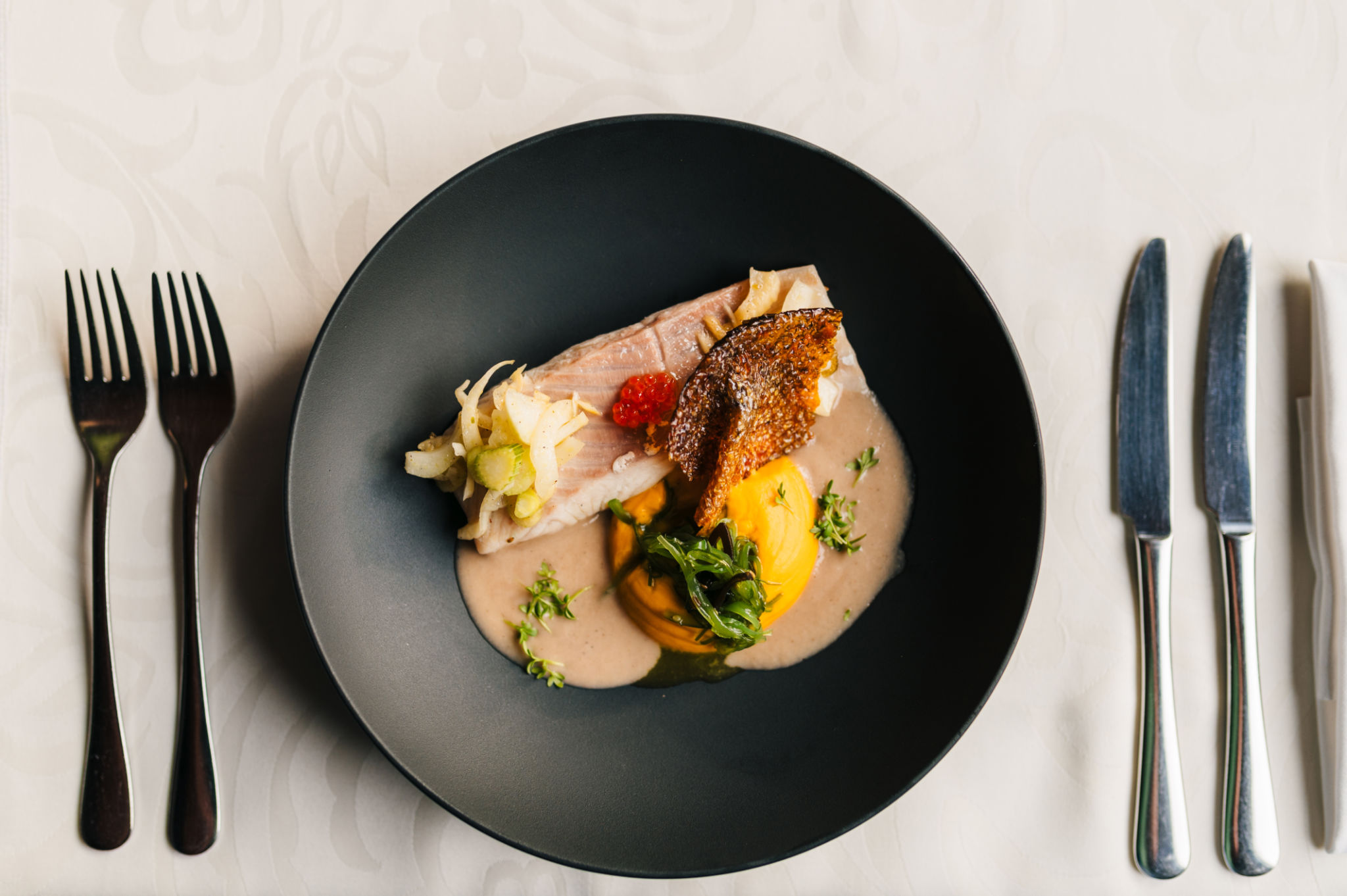 Fancy food with a Trout, pumpkin puree and seaweed Fancy food with a Trout, pumpkin puree and seaweed