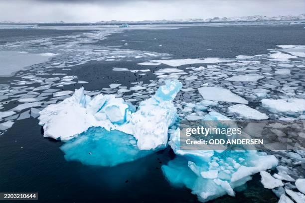 This aerial view shows icebergs and ice sheets floating in the water off Nuuk, Greenland, on March 7, 2025. Greenland, the autonomous Danish...