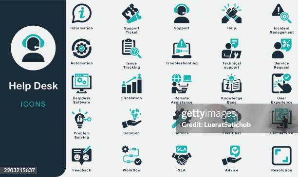 ilustrações de stock, clip art, desenhos animados e ícones de help desk solid icons collection.containing support, information, advice, problem solving, help, service, solution, feedback, support ticket, troubleshooting, helpdesk software, service request, sla - cliente irritado