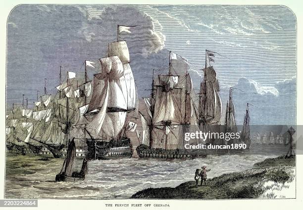 ilustraciones, imágenes clip art, dibujos animados e iconos de stock de historia militar, flota francesa de buques de guerra, batalla de granada, guerra de independencia de los estados unidos - estilo siglo xviii