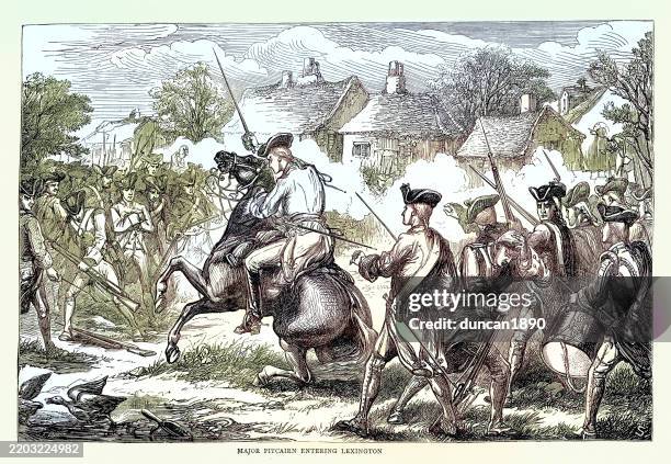 illustrazioni stock, clip art, cartoni animati e icone di tendenza di battaglia di lexington, guerra d'indipendenza americana, il maggiore john pitcairn entra a lexington - rivoluzione