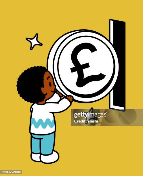 stockillustraties, clipart, cartoons en iconen met a cute black boy with an afro hairstyle, inserting a large coin into a black slot, a vending machine or a piggy bank, three-quarter rear view, black outline with flat colors, minimalist style - snoepautomaat