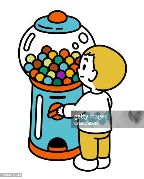 stockillustraties, clipart, cartoons en iconen met a cute boy with short blond hair, playing a cute gumball machine, gashapon, or toy capsule vending machine, black outline with flat colors, minimalist style - snoepautomaat