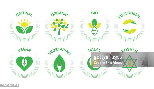 stockillustraties, clipart, cartoons en iconen met natural and organic product labels - veganisme
