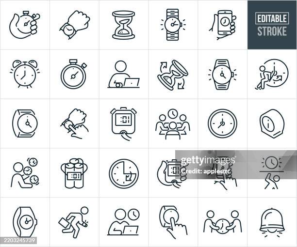 time thin line icons - editable stroke - icons include people managing time, business people, working against the clock, clock, hourglass, stopwatch, appointment, wristwatch, urgency, productivity, efficiency, rushing, busy, overtime - night-shift-icon stock illustrations
