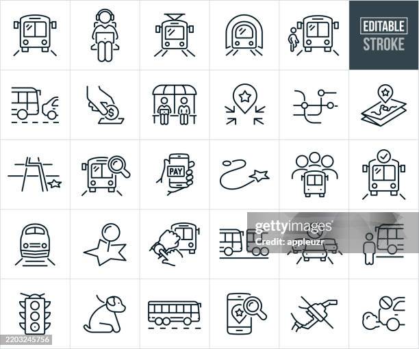 illustrations, cliparts, dessins animés et icônes de icônes de ligne mince de transport en commun - trait modifiable - les icônes incluent un bus, métro léger, passager, personnes, personnes en bus, arrêt de bus, personnes attendant le bus, circulation, train, chemin de fer, transport en commun, transpo - métro transport ferroviaire