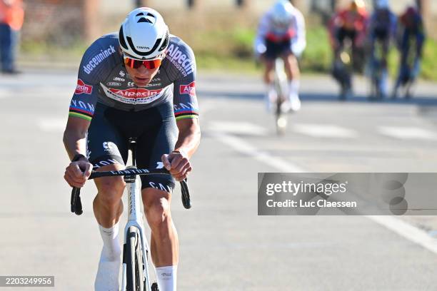 Mathieu van der Poel of Netherlands and Team Alpecin - Deceuninck attacks in the chase group during the the 57th Ename Samyn Classic 2025 a 199.1km...