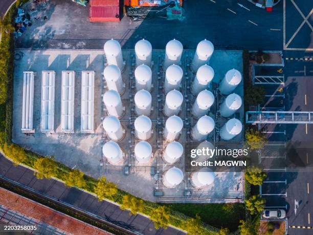 aerial view of helium and liquid nitrogen tank,chemical plant - wasserstoff stock-fotos und bilder