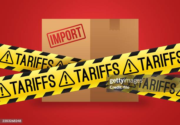 tariff import goods tax barricade tape warning background - trade war stock illustrations