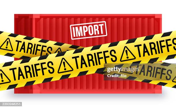 tariff import goods tax barricade tape warning background - trade war stock illustrations
