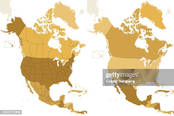 ilustraciones, imágenes clip art, dibujos animados e iconos de stock de mapa de américa del norte con las fronteras nacionales de ee. uu., canadá, méxico, nicaragua, belice y cuba - groenlandia mapa