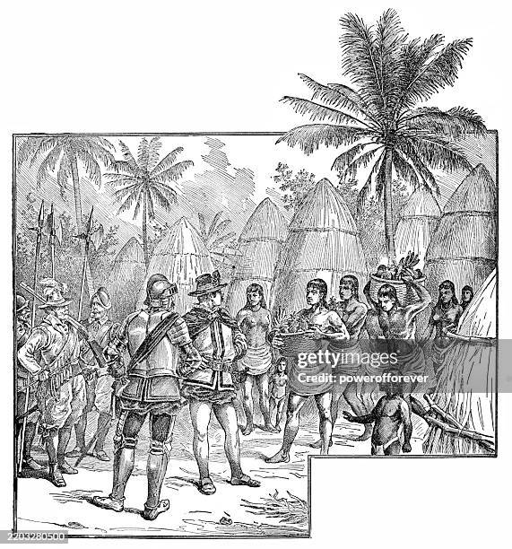 ilustraciones, imágenes clip art, dibujos animados e iconos de stock de una tribu de taínos da generosamente comida a cristóbal colón y su tripulación en la isla de cuba - siglo xv - christopher columbus natives