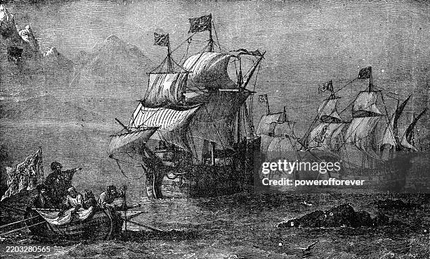 stockillustraties, clipart, cartoons en iconen met the discovery of the strait of magellan, painting by oswald walters brierly - 19th century - ferdinand-magellan