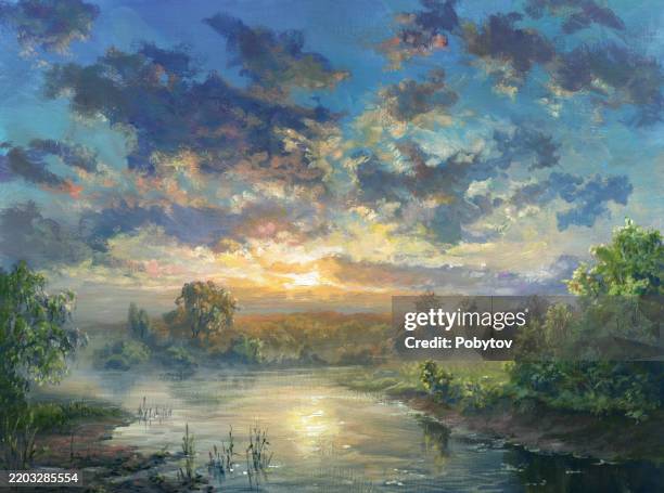 twilight on the river, oil painting - oil painting stock illustrations