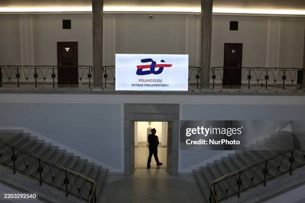 Polish Presidency logo is seen during the Polish parliament meeting in Warsaw, Poland on March 7, 2025.