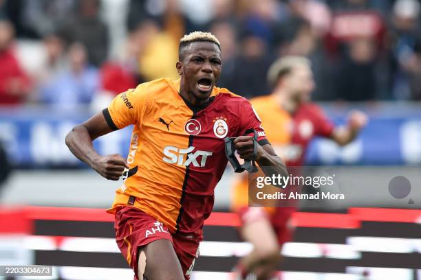 Victor Osimhen of Galatasaray scores his team's third goal during the Turkish Super League match between Kasimpasa and Galatasaray at Recep Tayyip...
