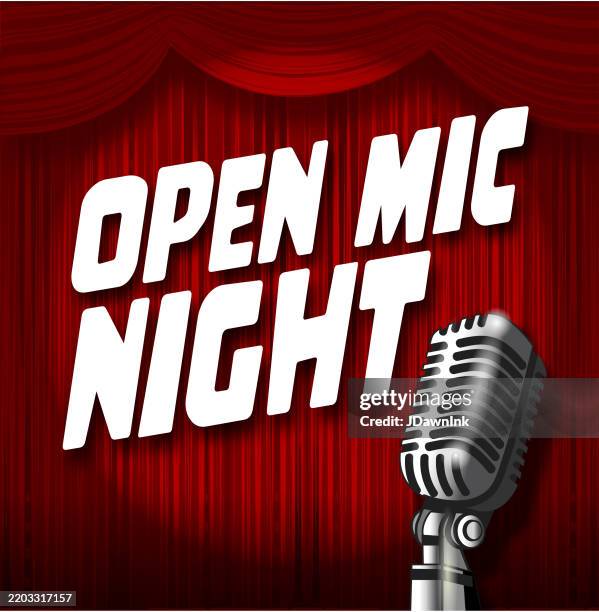 open mic night red stage curtain advertisement design concept with retro microphone for restaurants and bars nightlife - stand up comedy stock illustrations