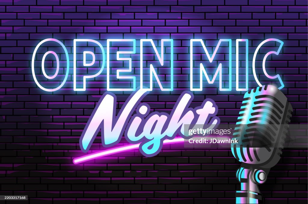 Mic Use Sign Open Mic Night Neon Sign Advertisement Design Concept With Retro ...
