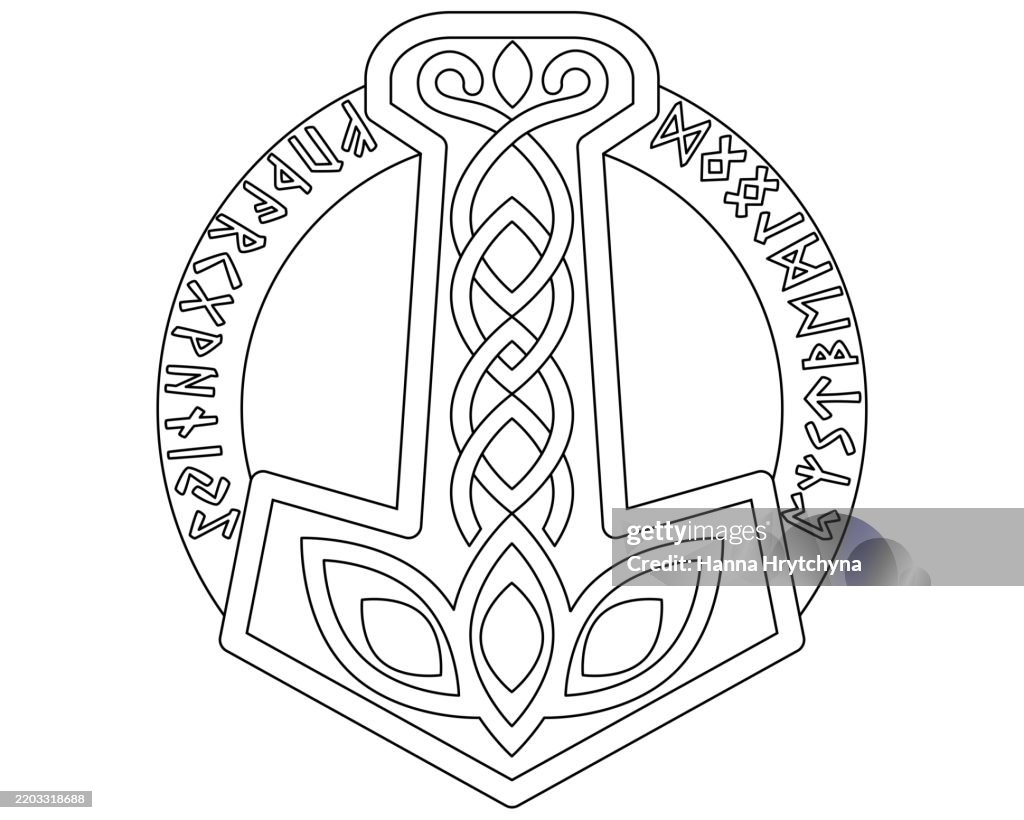 Thors Hammer Mjolnir And Elder Futhark Runes Vector Linear Image High ...
