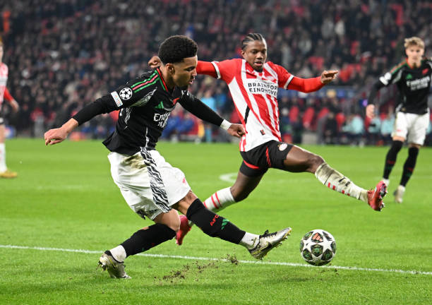 Ethan Nwaneri of Arsenal during the UEFA Champions League 2024/25 UEFA Champions League 2024/25 Round of 16 first leg match between PSV and Arsenal...