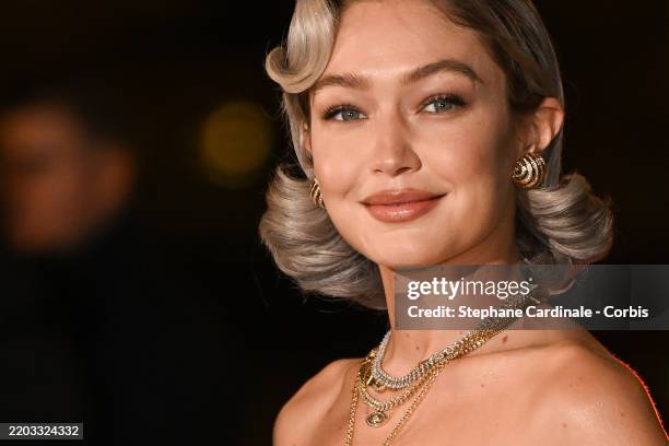 Gigi Hadid arrives at the Grand Diner du Louvre during the Womenswear Fall/Winter 2025/2026 as part of Paris Fashion Week on March 04, 2025 in Paris,...