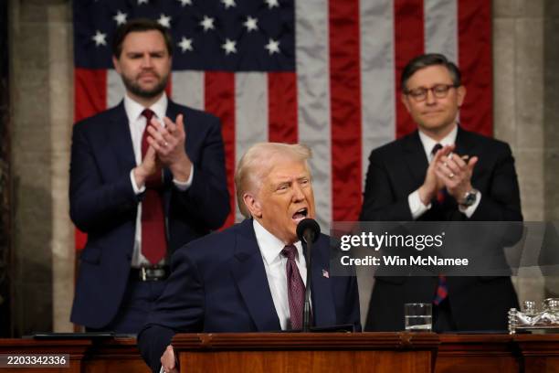 President Donald Trump addresses a joint session of Congress at the U.S. Capitol on March 04, 2025 in Washington, DC. Vice President JD Vance and...
