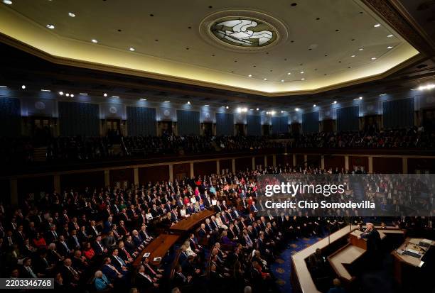President Donald Trump addresses a joint session of Congress at the U.S. Capitol on March 04, 2025 in Washington, DC. President Trump was expected to...
