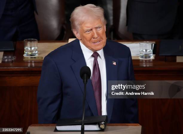 President Donald Trump addresses a joint session of Congress at the U.S. Capitol on March 04, 2025 in Washington, DC. President Trump was expected to...