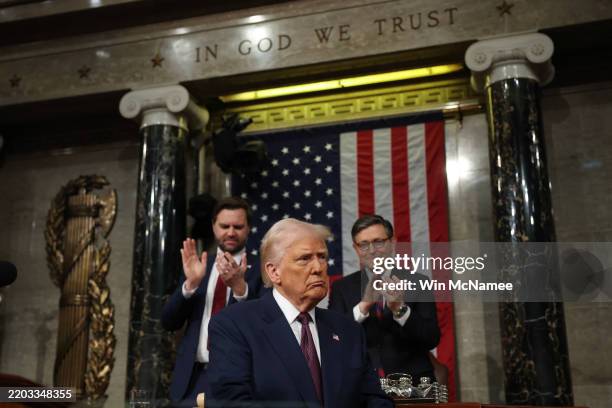 President Donald Trump addresses a joint session of Congress at the U.S. Capitol on March 04, 2025 in Washington, DC. Vice President JD Vance and...