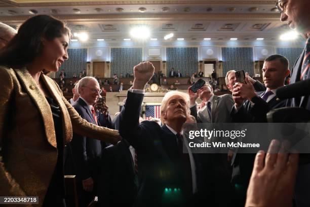 President Donald Trump leaves after addressing a joint session of Congress at the U.S. Capitol on March 04, 2025 in Washington, DC. President Trump...