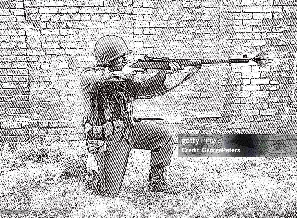 Ww2 Rifle Scene World War Ii Us Soldier Shooting M1 Garand High-Res Vector Graphic ...