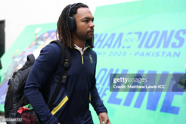 Tony de Zorzi of South Africa arrives ahead of the ICC Champions Trophy 2025 semi final between South Africa and New Zealand at Gaddafi Stadium on...