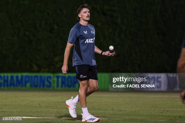 New Zealand's Nathan Smith prepares to ball during a practice secisson a day ahead of the ICC Champions Trophy one-day international cricket final...
