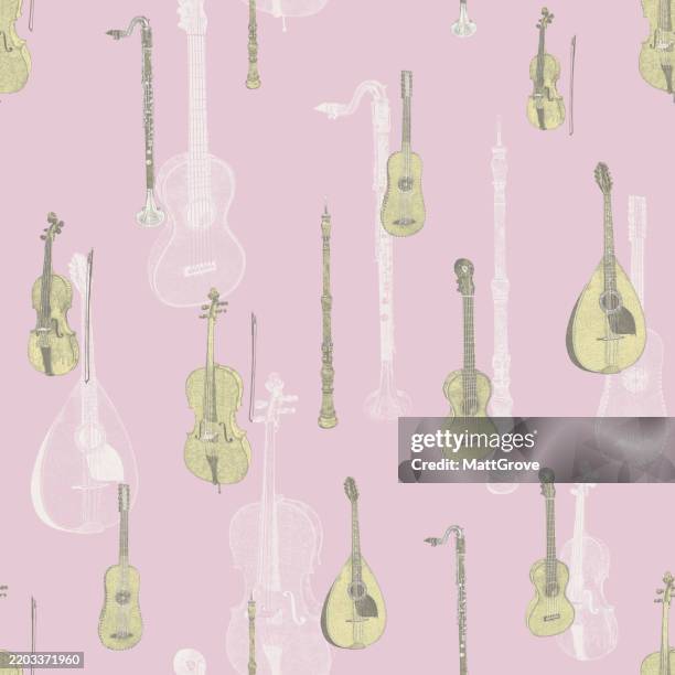 musical instruments repeat. classical guitar, mandolin, violin, cello, woodwind, stringed - musical stringed equipment stock illustrations