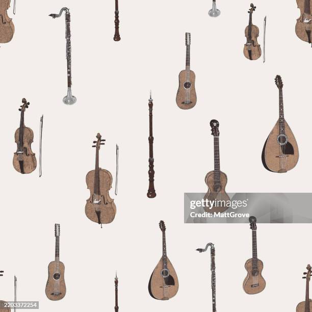 musical instruments classical repeat. stringed instruments, woodwind instruments, orchestra, jazz, acoustic. - symphony stock illustrations