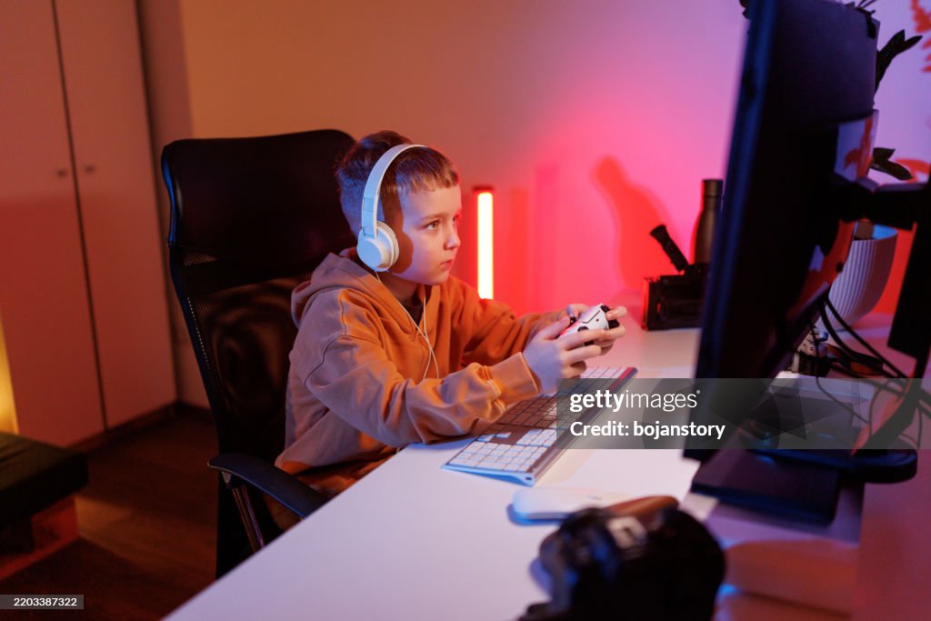 Boy playing computer game at home