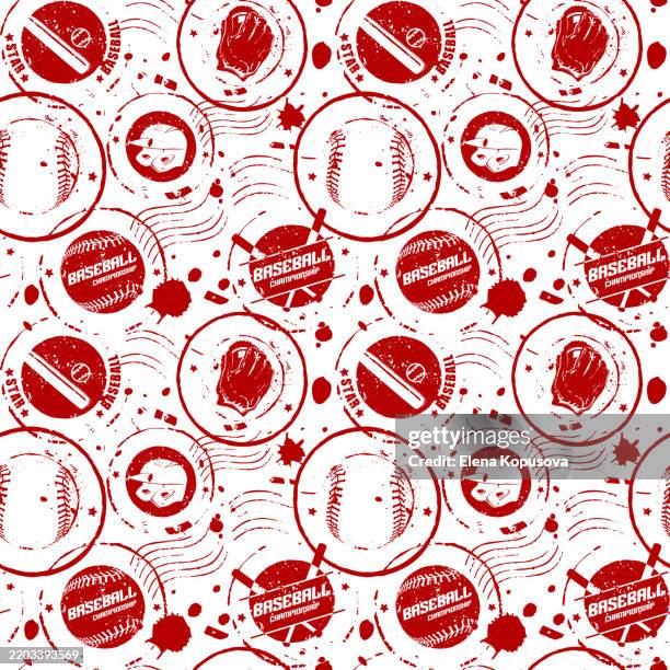 team sport concept in flat style. postage stamps with baseball balls and bats on white background. stylish postage stamps seamless pattern. - baseball background clip art stock illustrations
