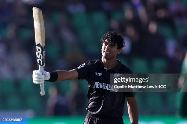 Rachin R Rachin Ravindra of New Zealand celebrates reaching his century during ...