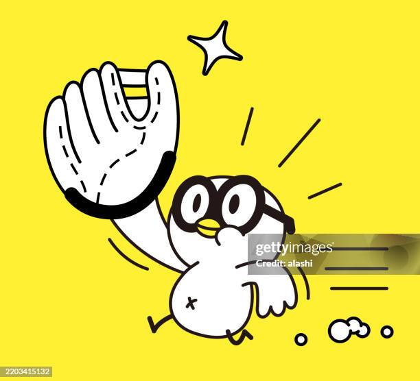 a cute bird wearing large glasses and a catcher's mitt runs fast. three-quarter front view, black outline with flat colors, minimalist style - cartoon bird with glasses stock illustrations