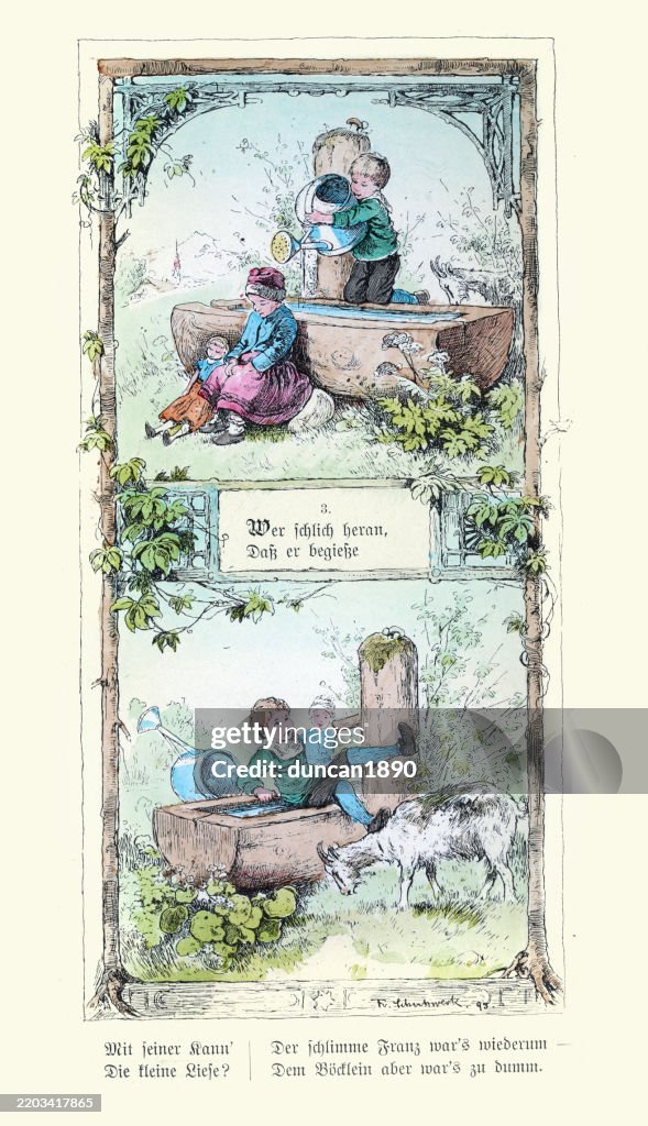 Karma, Boy trying to play trick on his little sister but getting his comeuppance, Vintage illustraion, 19th Century, Münchener Bilderbogen