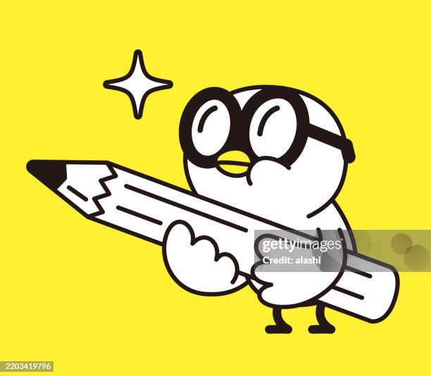 a cute bird, wearing large glasses, holding a large powerful pencil. three-quarter front view, black outline with flat colors, minimalist style - cartoon bird with glasses stock illustrations