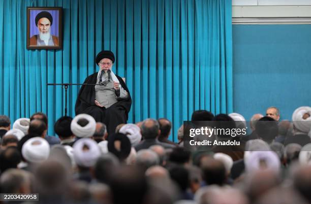Iran's Supreme Leader Ali Khamenei makes a speech during an iftar program with former and current senior civilian and military officials in Tehran,...