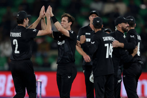 Matt Henry of New Zealand celebrates dismissing Ryan Rickelton of South Africa during the ICC Champions Trophy 2025 semi final between South Africa...