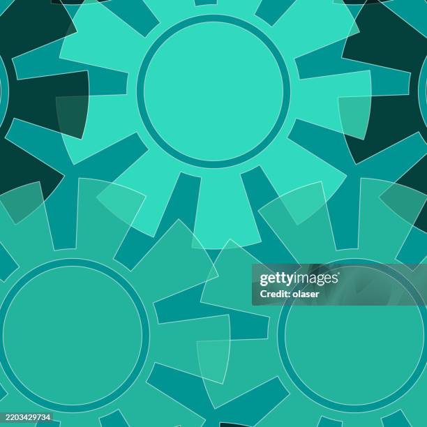 a geometric pattern featuring teal gears arranged in a repeating design, creating a harmonious visual effect. the circular shapes and sharp angles exhibit a modern, stylish appearance. - emerald background stock illustrations