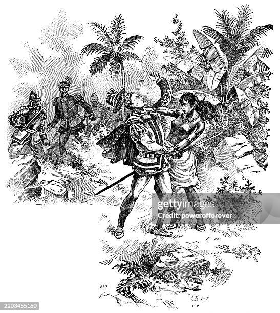 taíno woman defending herself from a spanish attacker - 15th century - caribbean indigenous illustration stock illustrations