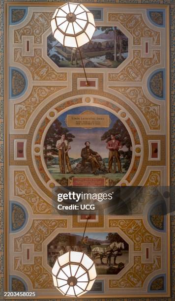 Titusville, Pennsylvania, Twenty-three murals depicting the early history of the oil industry line the ceiling of 100-year-old Farmers National Bank...