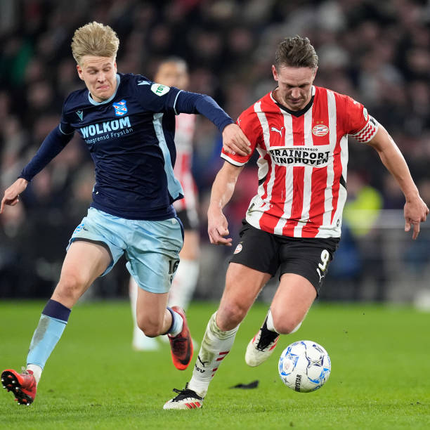 Marcus Linday of SC Heerenveen, Luuk de Jong of PSV during the Dutch Eredivisie match between PSV v SC Heerenveen at the Philips Stadium on March 8,...