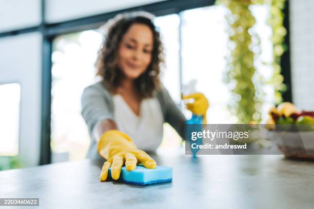 a woman cleans the kitchen counter - líquido de limpeza imagens e fotografias de stock