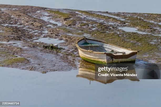 boat stranded in the estuary - fischerboot stock-fotos und bilder
