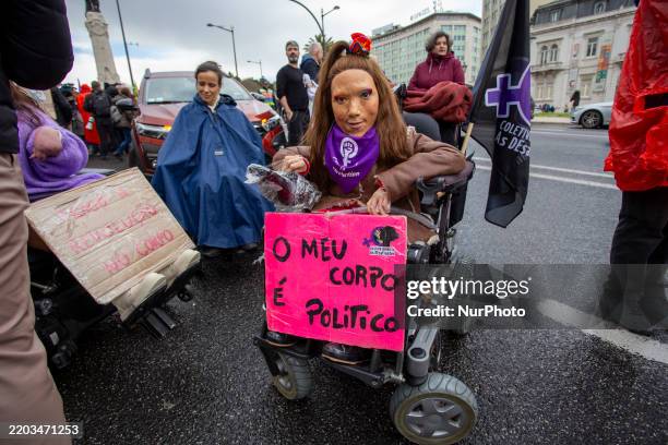 General view shows people in wheelchairs during a demonstration on International Women's Day in Lisbon, Portugal, on March 8, 2025.